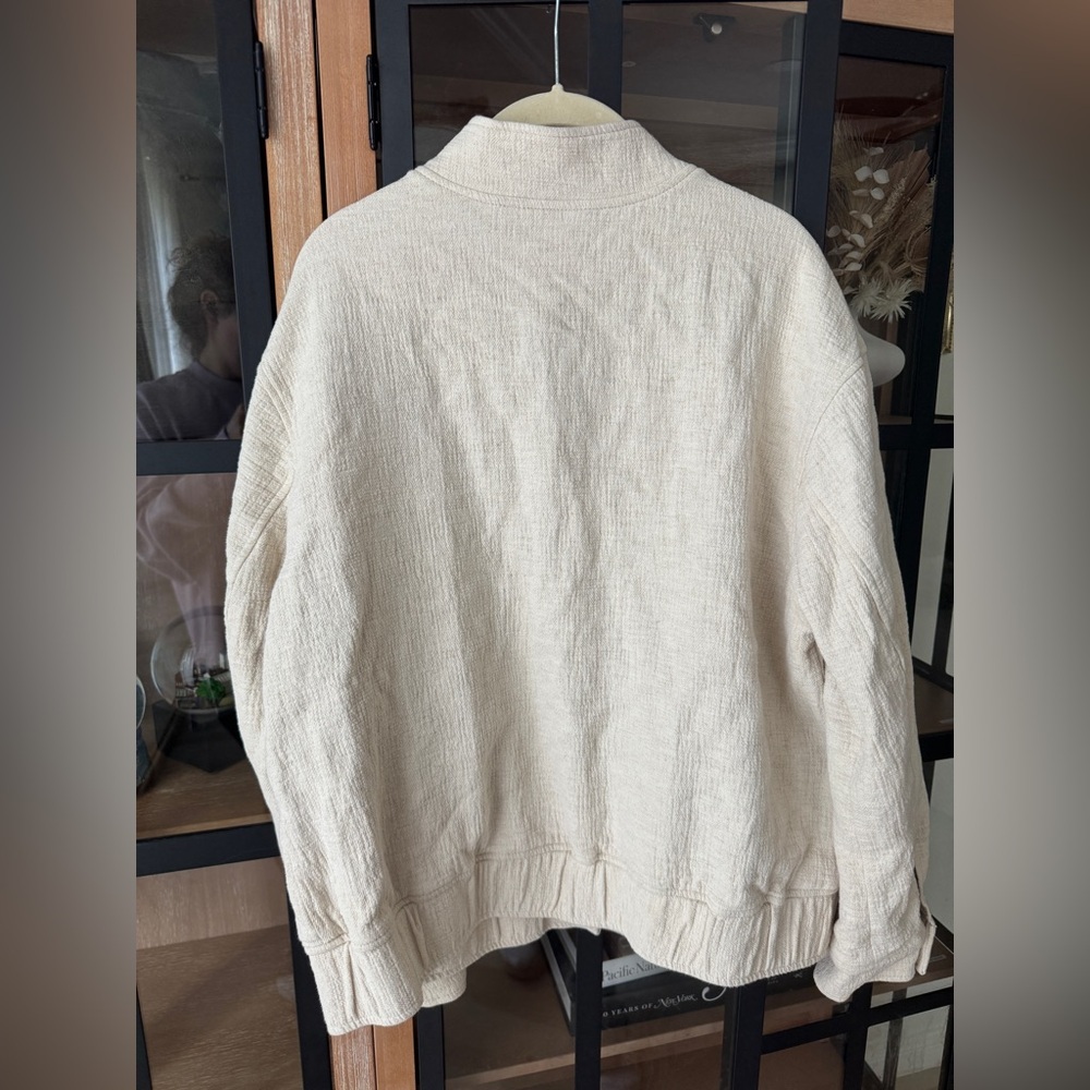 H&M Crepe Linen Bomber Jacket Cotton Beige Cropped Coat Ecru Textured snap - Picture 10 of 12
